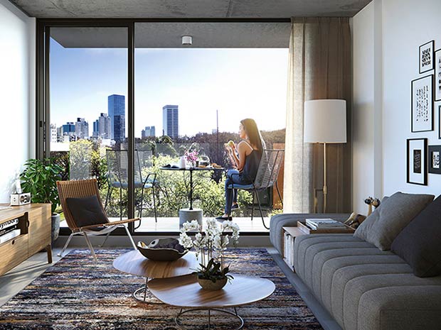 living de apartamento con chica en balcon