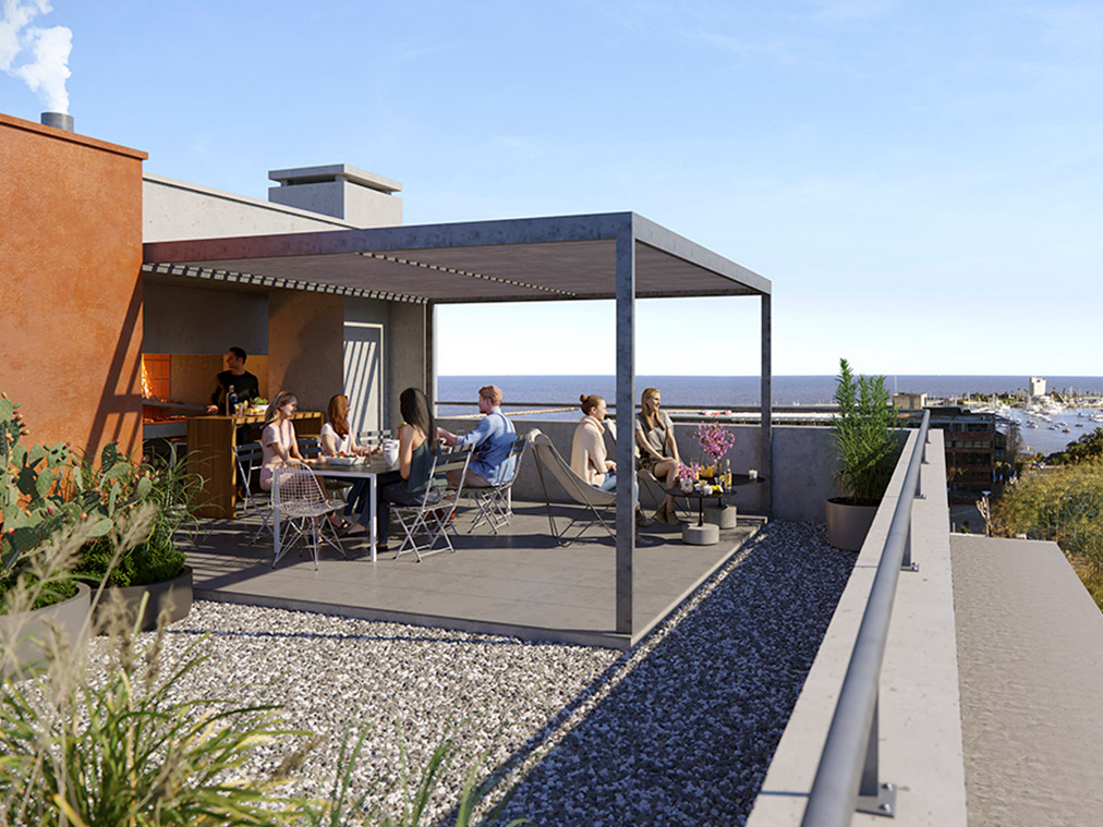 panoramica de terraza con personas reunidas