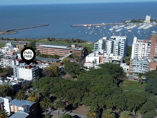 plano interior de lobby con auto saliendo y pareja charlando