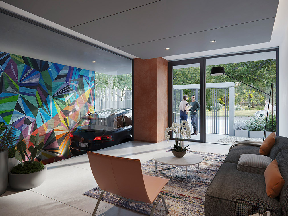 plano interior de lobby con auto saliendo y pareja charlando